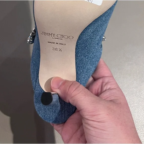 Jimmy Choo Bing 100 Crystal Embellished Strap Denim Mule Heels - Picture 6 of 6